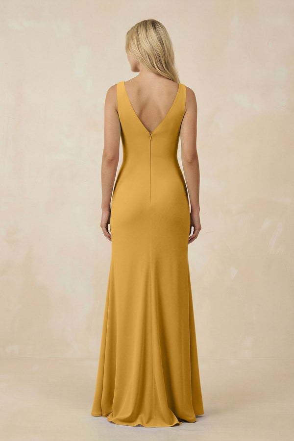 V-Neck Ruched Sheath Bridesmaid Dress with Slit in Marigold - KissProm BRIDESMAID DRESSES