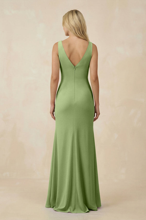 V-Neck Ruched Sheath Bridesmaid Dress with Slit in Matcha - KissProm BRIDESMAID DRESSES