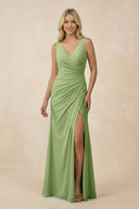 V-Neck Ruched Sheath Bridesmaid Dress with Slit in Matcha - KissProm BRIDESMAID DRESSES