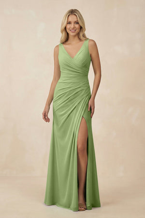 V-Neck Ruched Sheath Bridesmaid Dress with Slit in Matcha - KissProm BRIDESMAID DRESSES