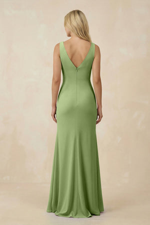 V-Neck Ruched Sheath Bridesmaid Dress with Slit in Matcha - KissProm BRIDESMAID DRESSES