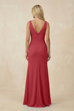 V-Neck Ruched Sheath Bridesmaid Dress with Slit in Merlot - KissProm BRIDESMAID DRESSES
