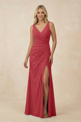 V-Neck Ruched Sheath Bridesmaid Dress with Slit in Merlot - KissProm BRIDESMAID DRESSES