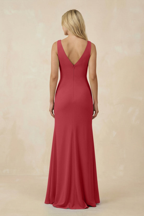 V-Neck Ruched Sheath Bridesmaid Dress with Slit in Merlot - KissProm BRIDESMAID DRESSES