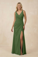 V-Neck Ruched Sheath Bridesmaid Dress with Slit in Moss - KissProm BRIDESMAID DRESSES