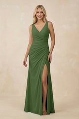 V-Neck Ruched Sheath Bridesmaid Dress with Slit in Moss - KissProm BRIDESMAID DRESSES