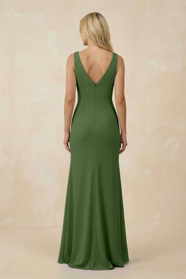 V-Neck Ruched Sheath Bridesmaid Dress with Slit in Moss - KissProm BRIDESMAID DRESSES