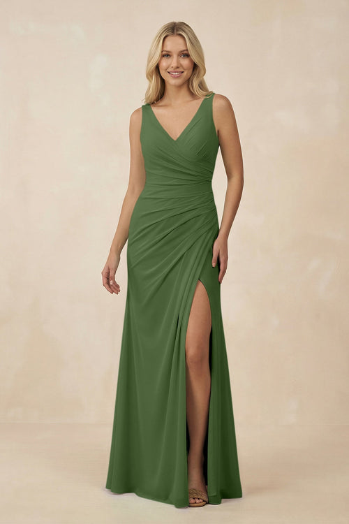 V-Neck Ruched Sheath Bridesmaid Dress with Slit in Moss - KissProm BRIDESMAID DRESSES