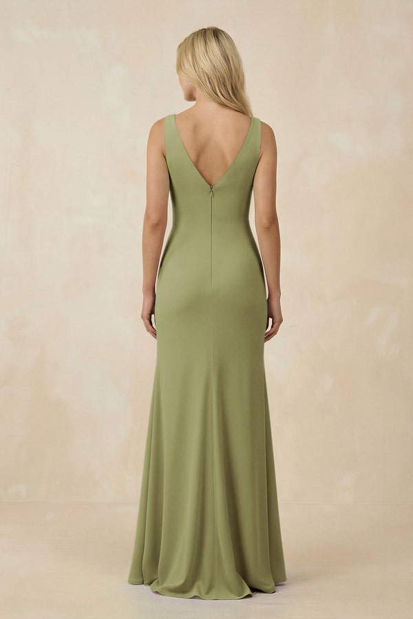 V-Neck Ruched Sheath Bridesmaid Dress with Slit in Moss Green - KissProm BRIDESMAID DRESSES