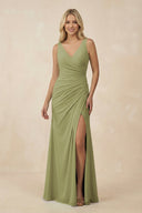 V-Neck Ruched Sheath Bridesmaid Dress with Slit in Moss Green - KissProm BRIDESMAID DRESSES