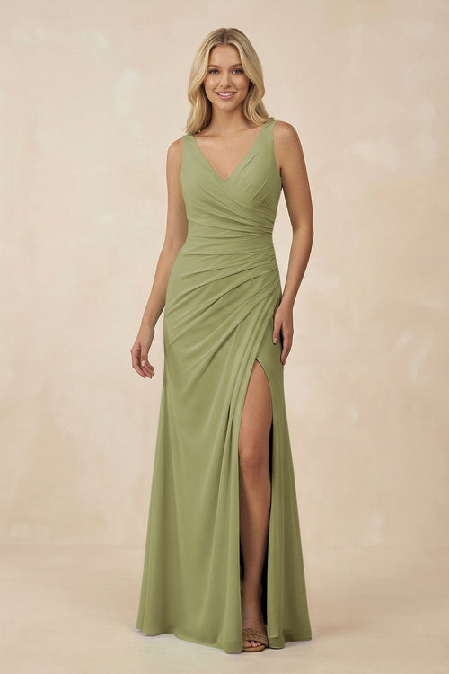 V-Neck Ruched Sheath Bridesmaid Dress with Slit in Moss Green - KissProm BRIDESMAID DRESSES
