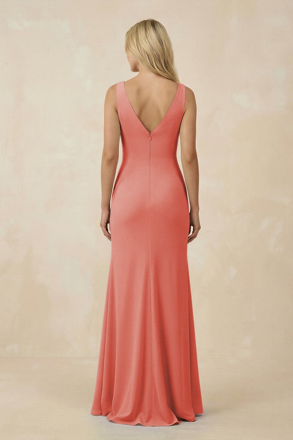 V-Neck Ruched Sheath Bridesmaid Dress with Slit in Mulberry - KissProm BRIDESMAID DRESSES