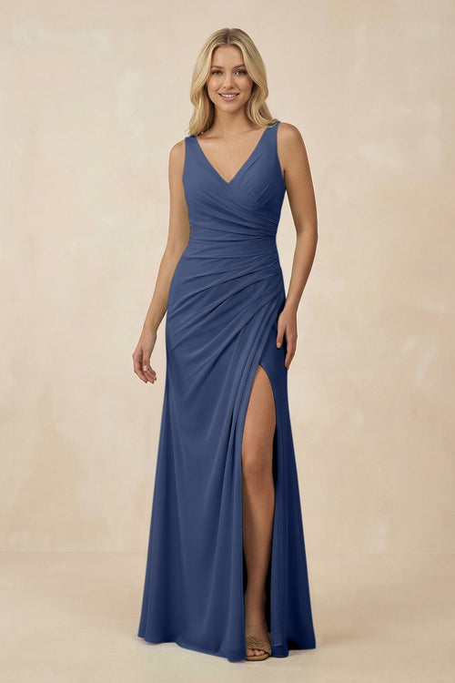 V-Neck Ruched Sheath Bridesmaid Dress with Slit in Navy - KissProm BRIDESMAID DRESSES