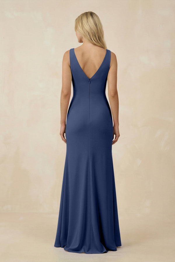 V-Neck Ruched Sheath Bridesmaid Dress with Slit in Navy - KissProm BRIDESMAID DRESSES
