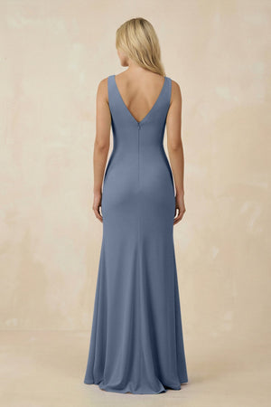 V-Neck Ruched Sheath Bridesmaid Dress with Slit in Neptune - KissProm BRIDESMAID DRESSES