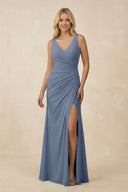 V-Neck Ruched Sheath Bridesmaid Dress with Slit in Neptune - KissProm BRIDESMAID DRESSES