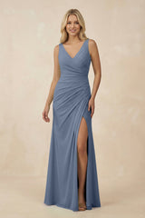 V-Neck Ruched Sheath Bridesmaid Dress with Slit in Neptune - KissProm BRIDESMAID DRESSES