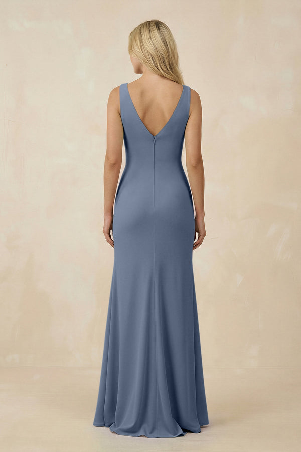 V-Neck Ruched Sheath Bridesmaid Dress with Slit in Neptune - KissProm BRIDESMAID DRESSES