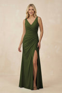 V-Neck Ruched Sheath Bridesmaid Dress with Slit in Olive - KissProm BRIDESMAID DRESSES