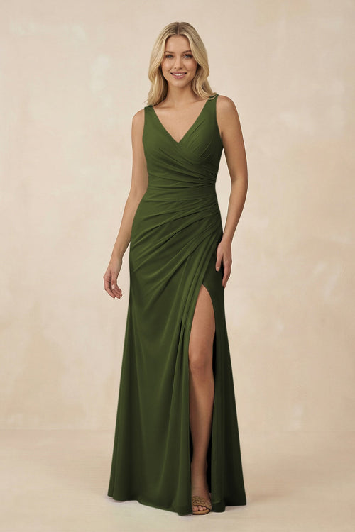 V-Neck Ruched Sheath Bridesmaid Dress with Slit in Olive - KissProm BRIDESMAID DRESSES