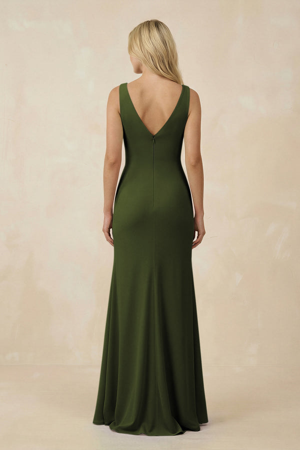 V-Neck Ruched Sheath Bridesmaid Dress with Slit in Olive - KissProm BRIDESMAID DRESSES