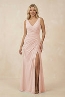 V-Neck Ruched Sheath Bridesmaid Dress with Slit in Pale Blush - KissProm BRIDESMAID DRESSES