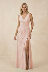 V-Neck Ruched Sheath Bridesmaid Dress with Slit in Pale Blush - KissProm BRIDESMAID DRESSES