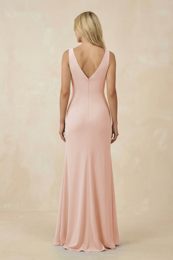 V-Neck Ruched Sheath Bridesmaid Dress with Slit in Pale Blush - KissProm BRIDESMAID DRESSES
