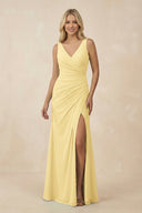 V-Neck Ruched Sheath Bridesmaid Dress with Slit in Pastel Yellow - KissProm BRIDESMAID DRESSES