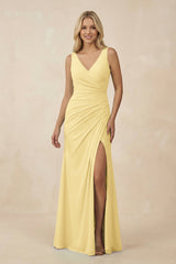 V-Neck Ruched Sheath Bridesmaid Dress with Slit in Pastel Yellow - KissProm BRIDESMAID DRESSES