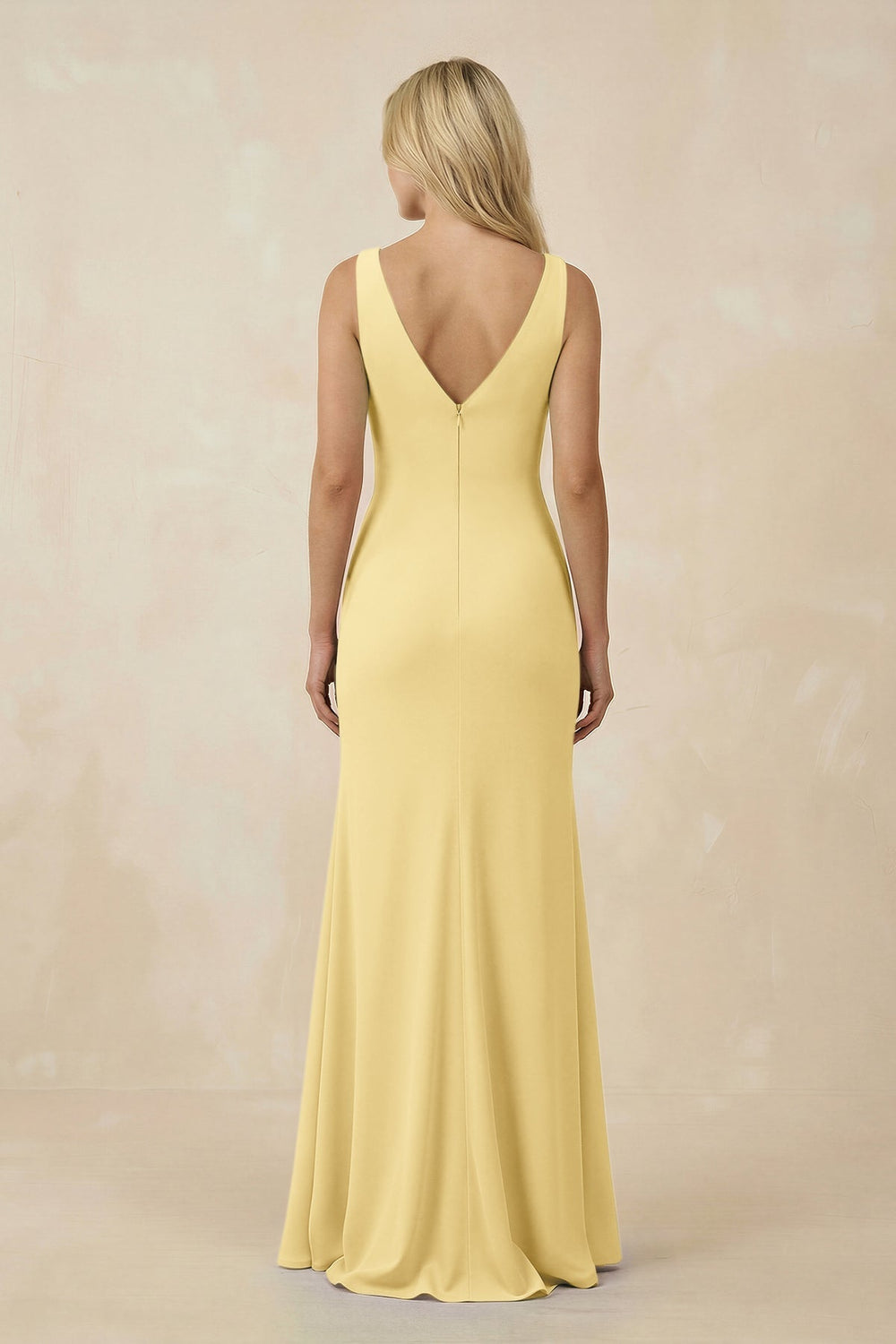 V-Neck Ruched Sheath Bridesmaid Dress with Slit in Pastel Yellow - KissProm BRIDESMAID DRESSES
