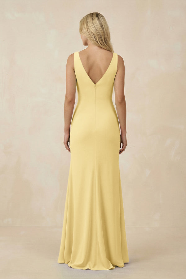 V-Neck Ruched Sheath Bridesmaid Dress with Slit in Pastel Yellow - KissProm BRIDESMAID DRESSES