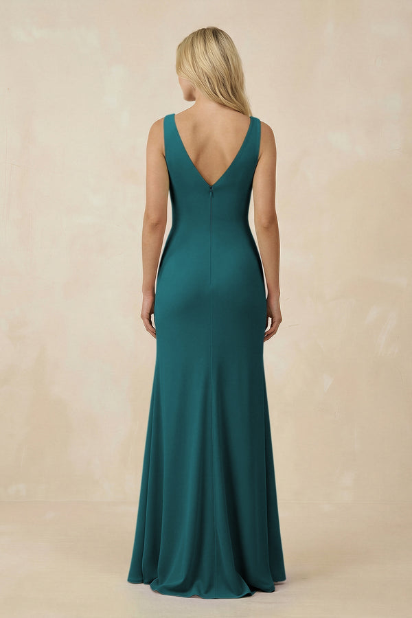V-Neck Ruched Sheath Bridesmaid Dress with Slit in Pine - KissProm BRIDESMAID DRESSES