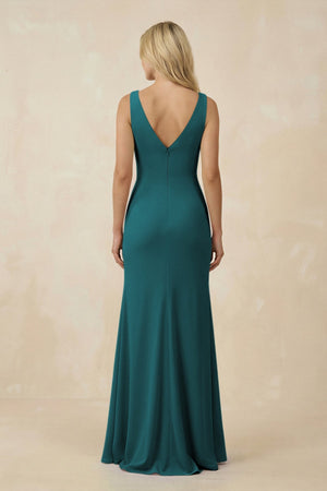 V-Neck Ruched Sheath Bridesmaid Dress with Slit in Pine - KissProm BRIDESMAID DRESSES