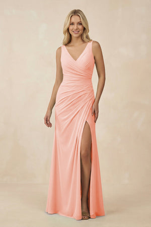 V-Neck Ruched Sheath Bridesmaid Dress with Slit in Rose Petal - KissProm BRIDESMAID DRESSES
