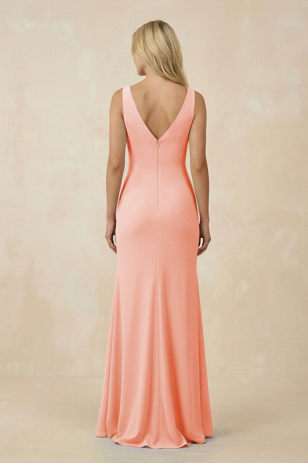 V-Neck Ruched Sheath Bridesmaid Dress with Slit in Rose Petal - KissProm BRIDESMAID DRESSES