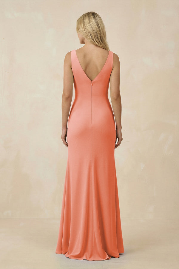 V-Neck Ruched Sheath Bridesmaid Dress with Slit in Rosette - KissProm BRIDESMAID DRESSES