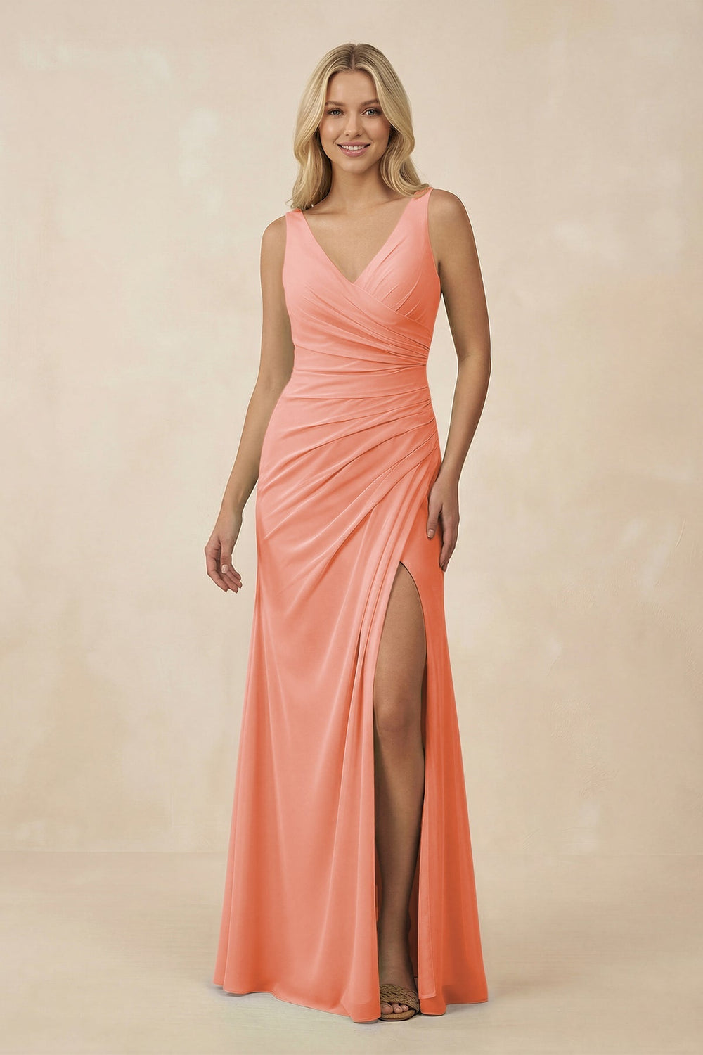 V-Neck Ruched Sheath Bridesmaid Dress with Slit in Rosette - KissProm BRIDESMAID DRESSES