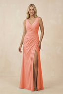 V-Neck Ruched Sheath Bridesmaid Dress with Slit in Rosette - KissProm BRIDESMAID DRESSES