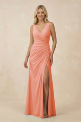 V-Neck Ruched Sheath Bridesmaid Dress with Slit in Rosette - KissProm BRIDESMAID DRESSES