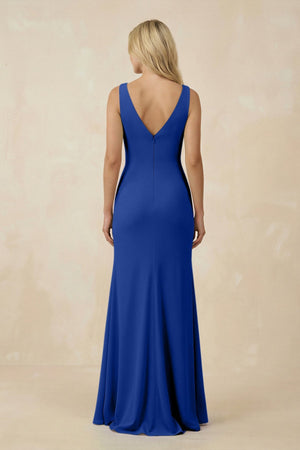 V-Neck Ruched Sheath Bridesmaid Dress with Slit in Royal Blue - KissProm BRIDESMAID DRESSES