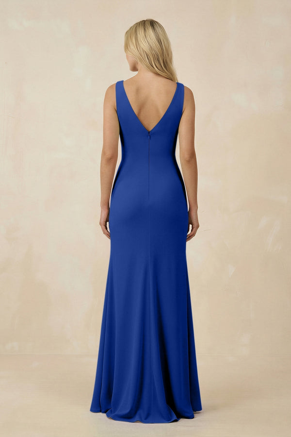 V-Neck Ruched Sheath Bridesmaid Dress with Slit in Royal Blue - KissProm BRIDESMAID DRESSES