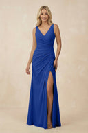 V-Neck Ruched Sheath Bridesmaid Dress with Slit in Royal Blue - KissProm BRIDESMAID DRESSES