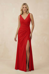 V-Neck Ruched Sheath Bridesmaid Dress with Slit in Ruby Red - KissProm BRIDESMAID DRESSES