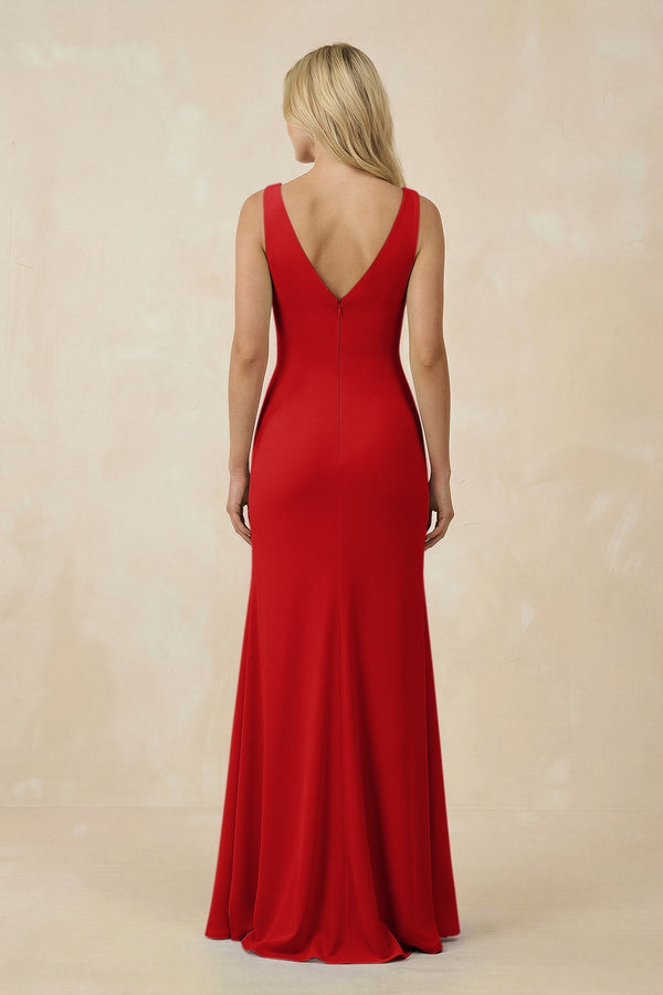 V-Neck Ruched Sheath Bridesmaid Dress with Slit in Ruby Red - KissProm BRIDESMAID DRESSES