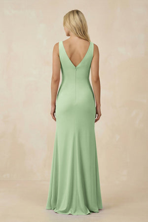 V-Neck Ruched Sheath Bridesmaid Dress with Slit in Sage - KissProm BRIDESMAID DRESSES