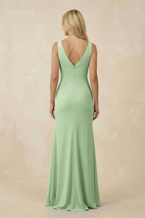 V-Neck Ruched Sheath Bridesmaid Dress with Slit in Sage - KissProm BRIDESMAID DRESSES