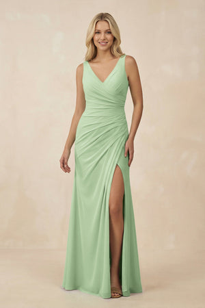 V-Neck Ruched Sheath Bridesmaid Dress with Slit in Sage - KissProm BRIDESMAID DRESSES