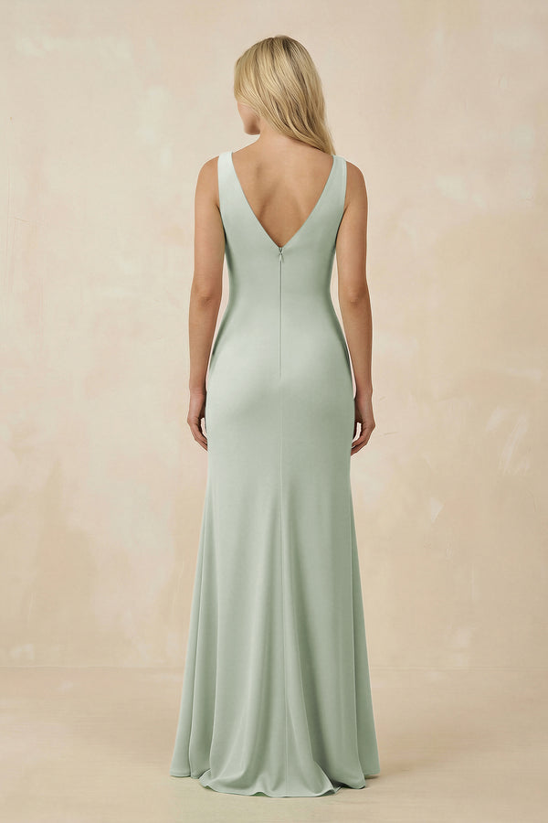 V-Neck Ruched Sheath Bridesmaid Dress with Slit in Sage - KissProm BRIDESMAID DRESSES