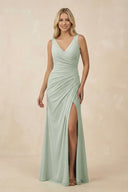 V-Neck Ruched Sheath Bridesmaid Dress with Slit in Sage - KissProm BRIDESMAID DRESSES